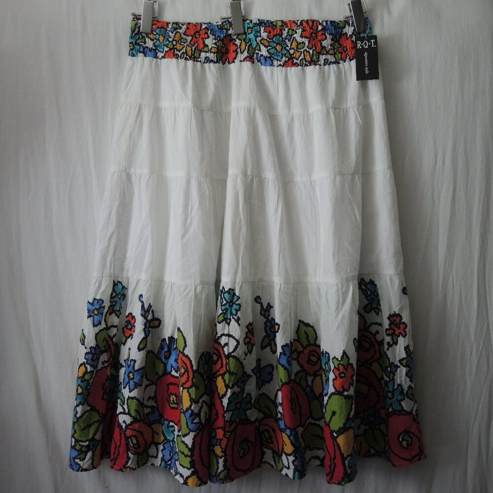 Floral Tiered Peasant Skirt White w/ Bold Colors Lined Prairie Skirt Size XL